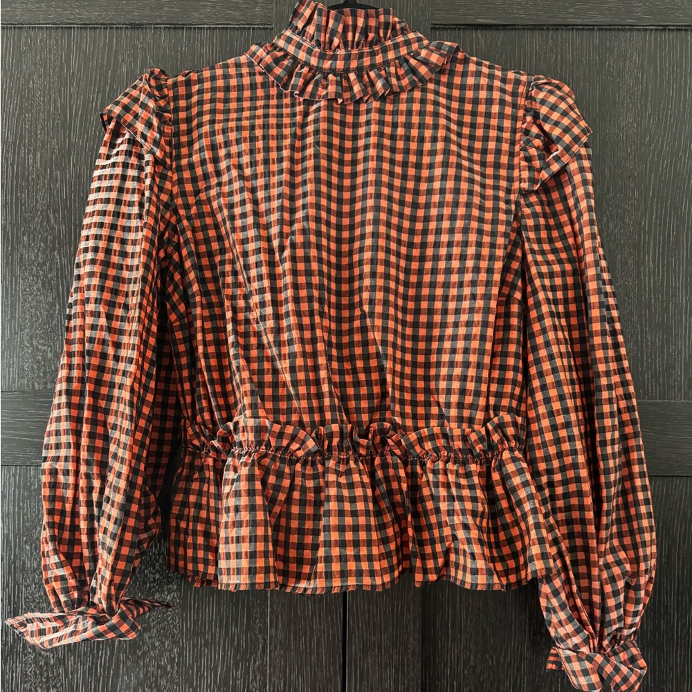 Ganni ruffle seersucker gingham open back shirt, size 40EU/8US